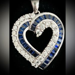 10K SOLID RJW STAMPED WHITE  GOLD /GENUINE DIAMONDS & SAPPHIRES PENDANT NECKLACE